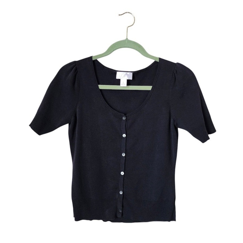 ANN TAYLOR LOFT Black Pima Cotton Button Front Short Sleeve Cardigan Top S - Picture 2 of 6